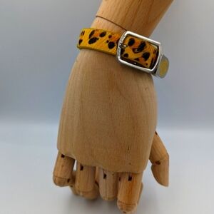 Rustic Cuff Leopard Leather Bracelet Orange, Black, Goldtone, Ponyhair